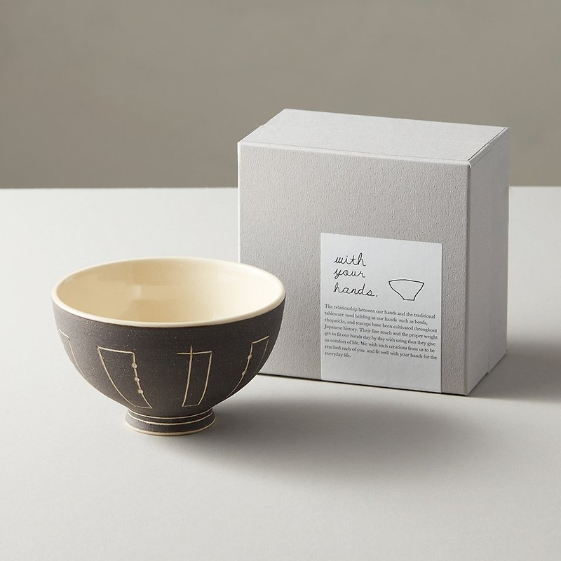 Shizuka Posozo-yaki - Handmade frosted rice bowl - Geometry - ถ้วยชาม - ดินเผา สีนำ้ตาล