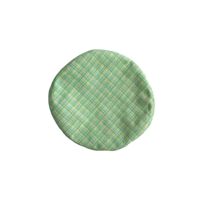 Green check-handmade flat-top beret - หมวก - ผ้าฝ้าย/ผ้าลินิน สีเขียว