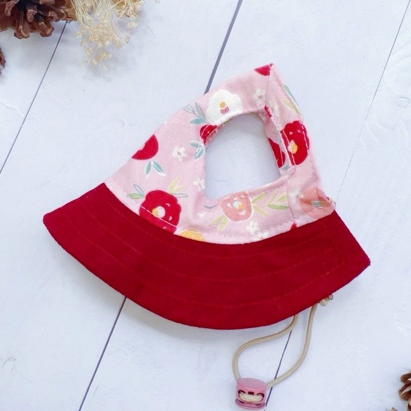 Pink Flower Pet Bucket Hat Dog Sun Hat M - ชุดสัตว์เลี้ยง - ผ้าฝ้าย/ผ้าลินิน สีแดง