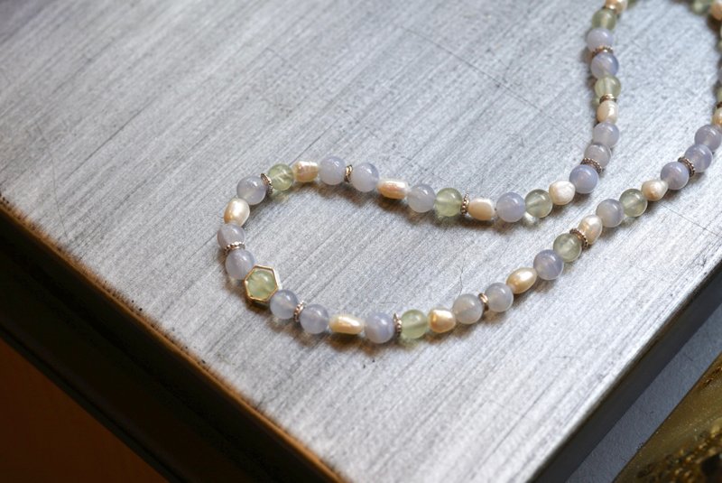 Prehnite Blue Lace Agate Fresh Water White Pearl Necklace - Necklaces - Crystal Multicolor