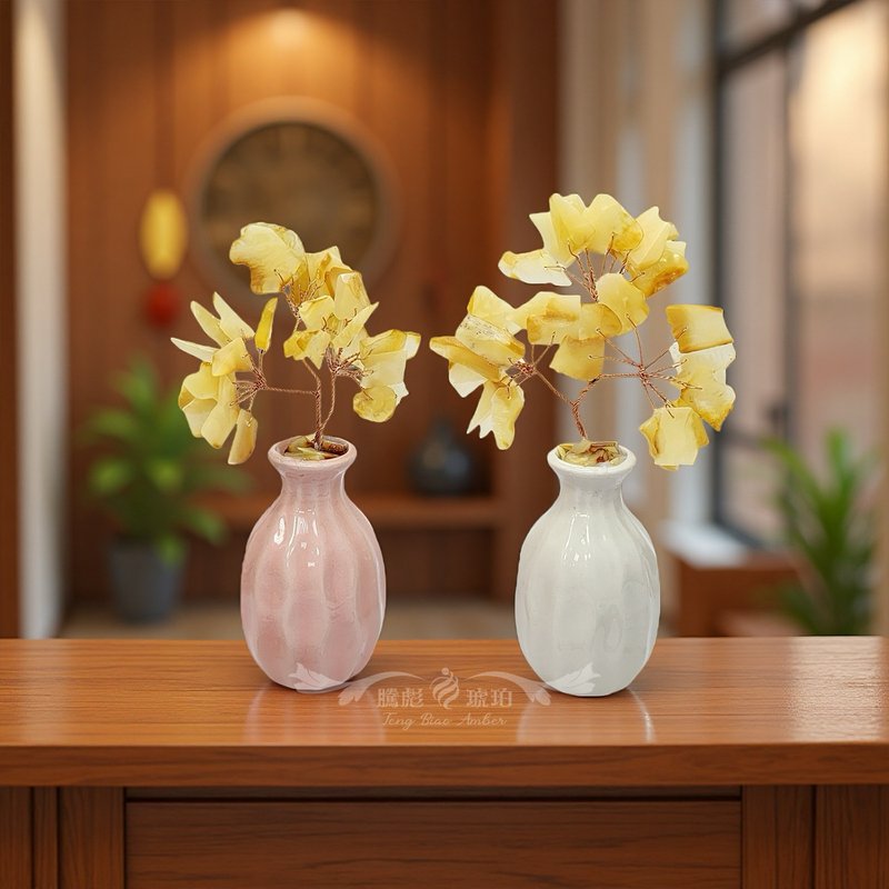 騰彪琥珀 天然蜜蠟招財樹 陶瓷瓶家居風水擺件 開運聚財 辦公小物 - 擺飾/家飾品 - 半寶石 黃色