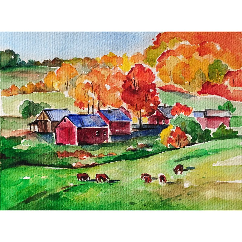Vermont painting fall original art farm landscape painting watercolor wall art - 掛牆畫/海報 - 紙 橘色