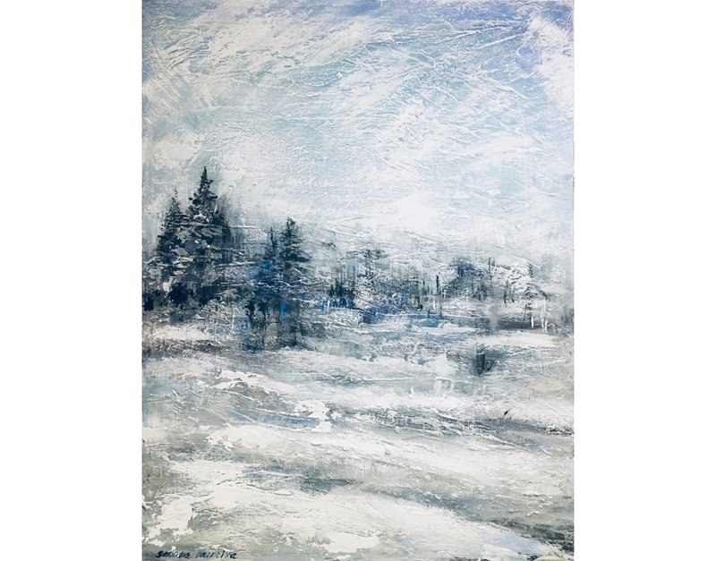 Landscape Original Art Wall Art Blue On Oil Texture Snowfall - 壁貼/牆壁裝飾 - 其他材質 白色