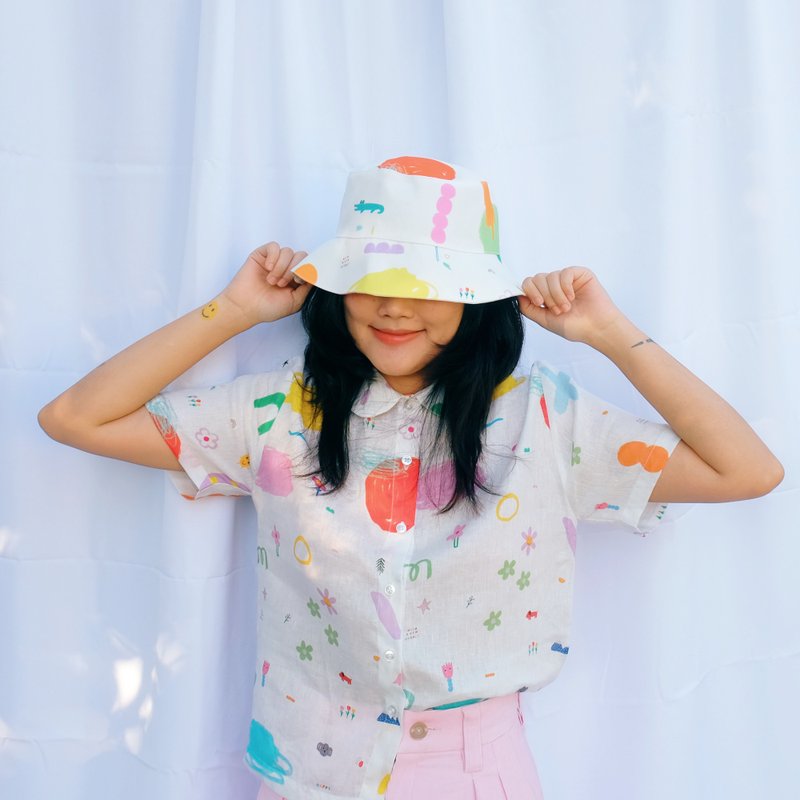 特色印花短袖麻襯衫 - 女裝恤衫 - 棉．麻 白色