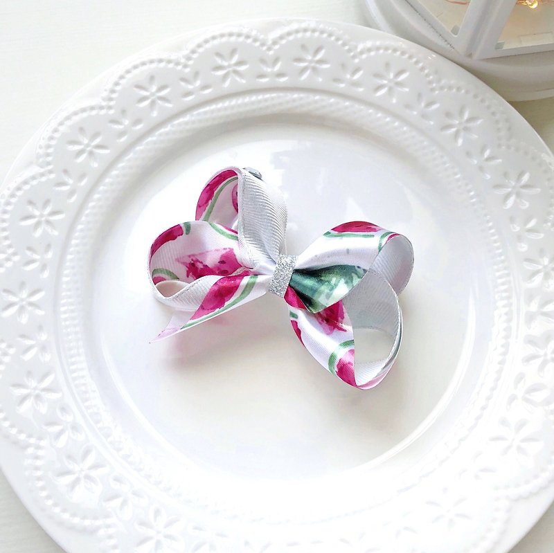 White summer watercolor blooming dyed watermelon bow kid child hairpin - Baby Accessories - Cotton & Hemp White