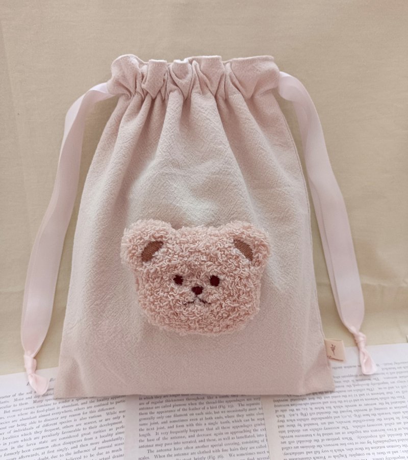 Linen cute bear drawstring bag mobile phone bag storage bag - Drawstring Bags - Cotton & Hemp 