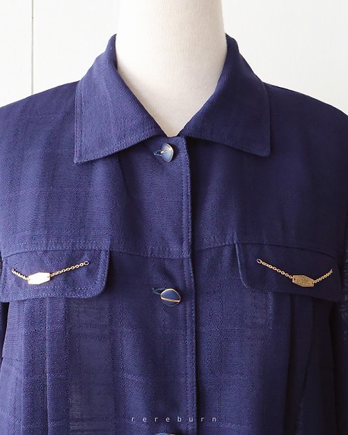 REreburn 春夏日本製昭和復古剪裁長袖深藍色古著襯衫