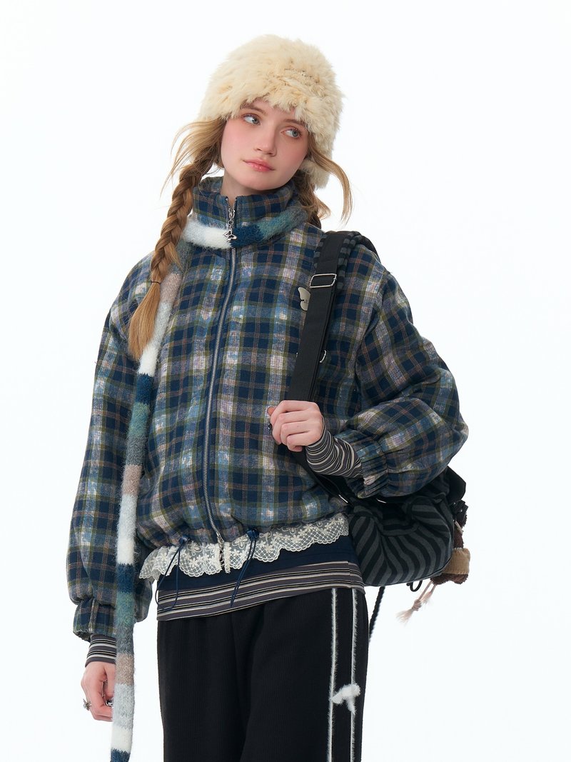 ziziFei秋冬新款美式復古設計感格子加厚藍色格紋棉衣棉服外套女 - 女上衣/長袖上衣 - 其他材質 藍色
