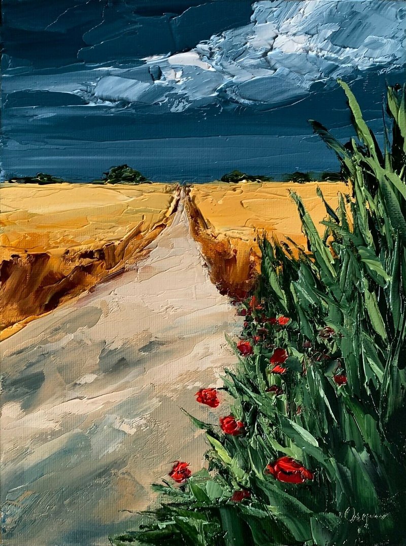 Original Stormy Landscape Yellow Field Oil Painting On Canvas Textured Impasto - 壁貼/牆壁裝飾 - 棉．麻 多色