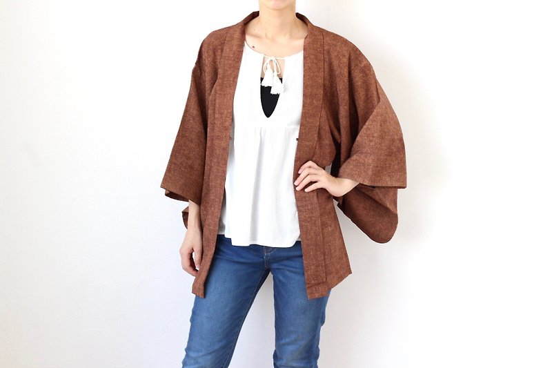 authentic kimono, kimono, kimono jacket, oriental clothing, short kimono /3928 - ジャケット - ポリエステル ブラウン