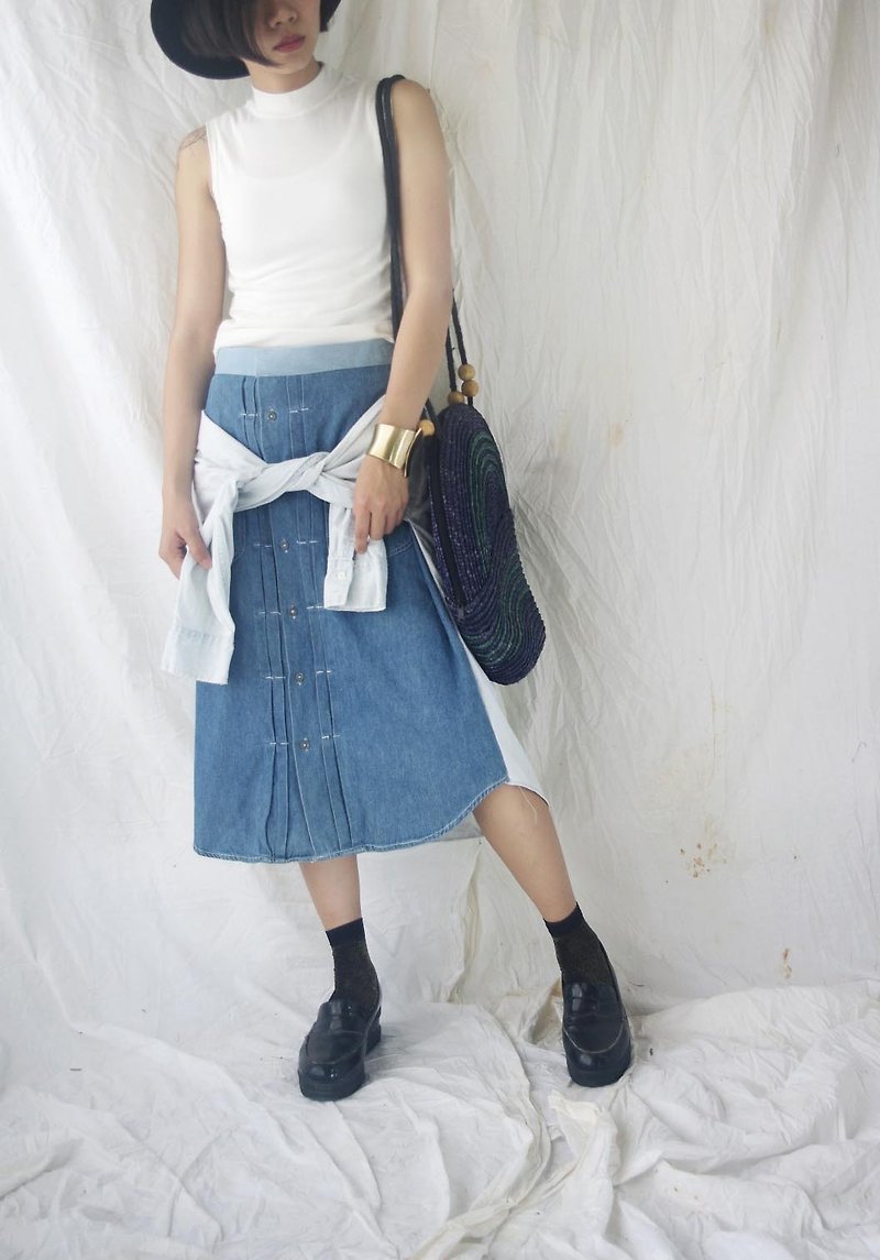 [R;] style transformation of the ancient - two-color stitching strap denim skirt - กระโปรง - ผ้าฝ้าย/ผ้าลินิน สีน้ำเงิน