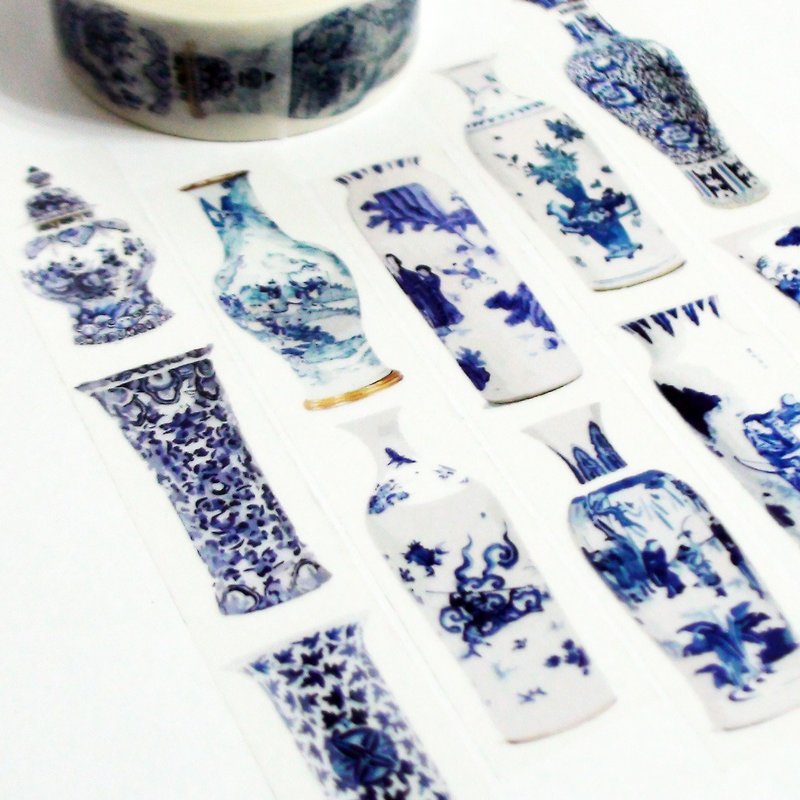 Customized Mini Washi Tape Blue & White Vase - มาสกิ้งเทป - กระดาษ 