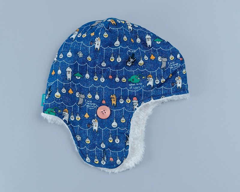 摺耳飛行帽-燈籠魚 手作 無毒 帽 童裝 嬰兒 兒童 飛行 - 嬰兒帽子/髮帶 - 棉．麻 藍色