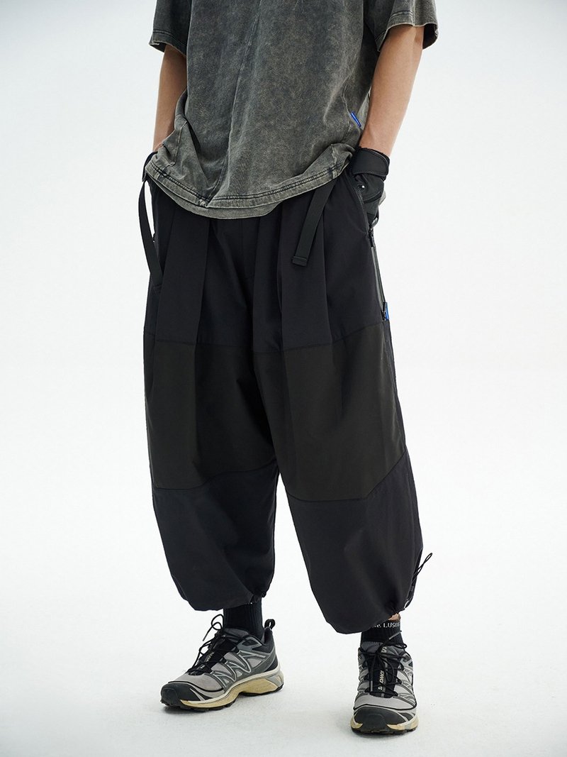 Lightweight double ribbon quick-drying water-repellent loose wide-leg samurai cropped trousers - กางเกงขายาว - วัสดุอื่นๆ สีดำ