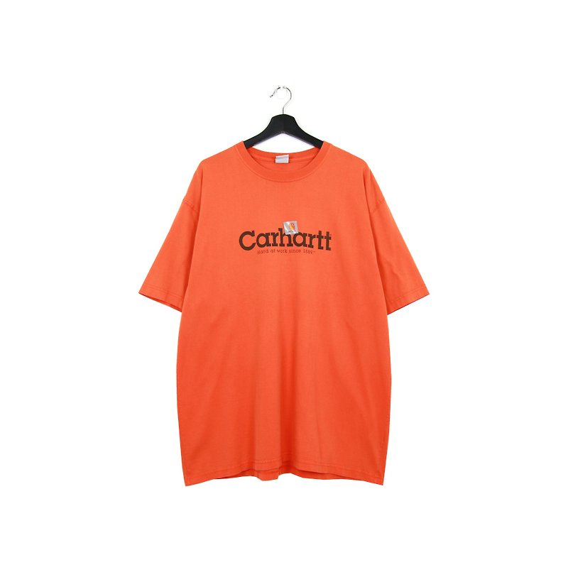 グリーンに戻る:: Carharttの黒いレタリングはオレンジ色の背景に、男性と女性の両方で使用できます//ヴィンテージのTシャツ - Tシャツ メンズ - コットン・麻 