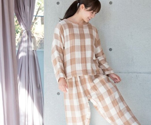 OrganicCotton3重ガーゼ織り柄チェック ゆったりパンツ - ショップ