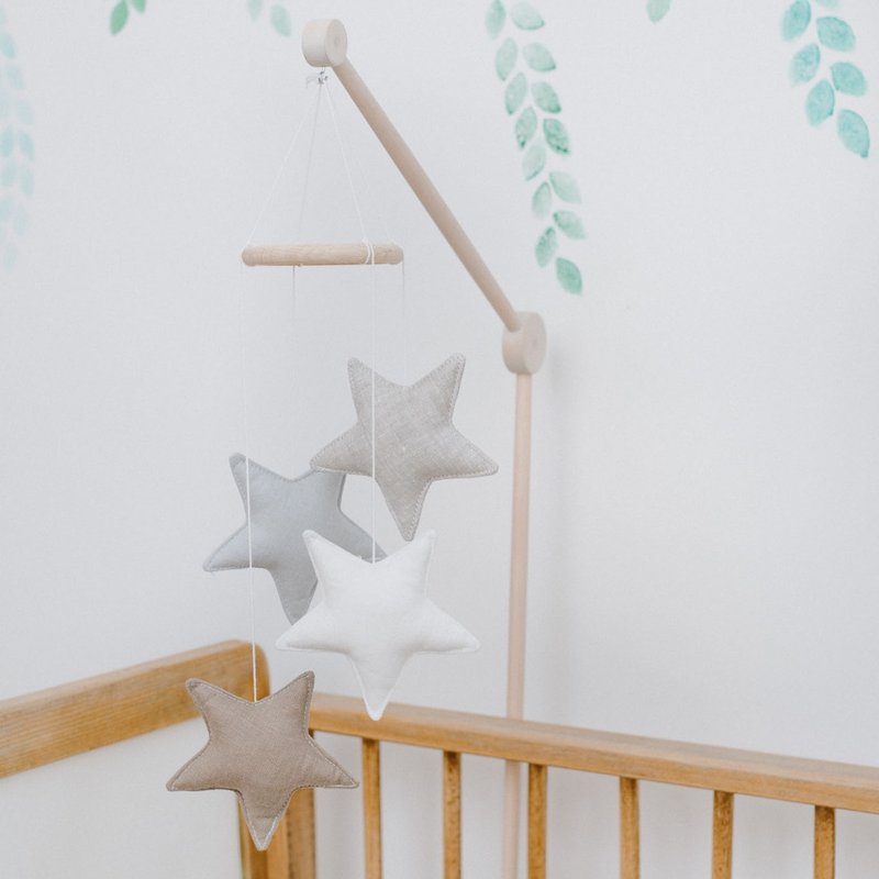 Beige linen (flax) neutral star nursery mobile - mobile hanging for baby - 嬰兒床/床圍/寢具 - 亞麻 咖啡色