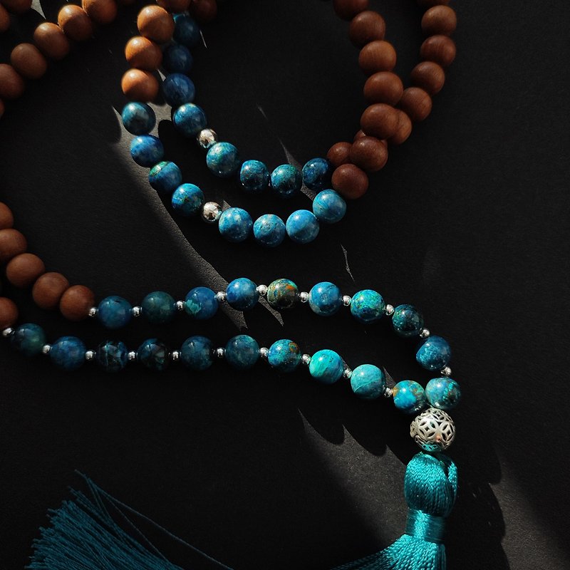 108 Mala and Bracelet Luxury Chrysocolla and Indian Sandalwood Beads - 項鍊 - 木頭 藍色
