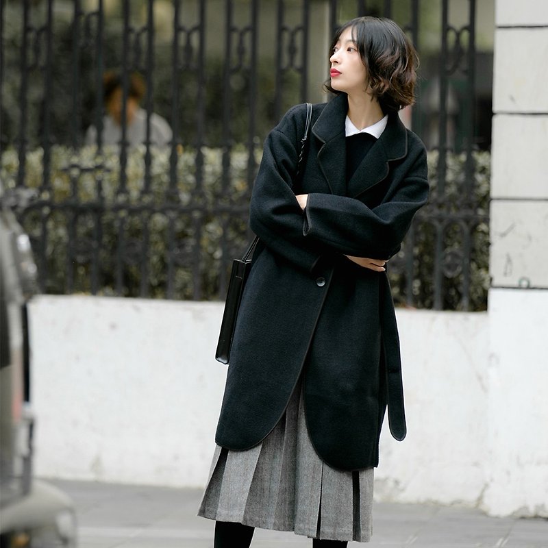 Deep Tibetan Lapel Collar Coat | Coat | Coat | Winter | Polyester | Sora-384 - เสื้อแจ็คเก็ต - ไฟเบอร์อื่นๆ สีดำ