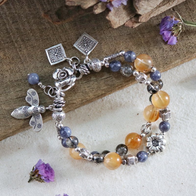 Handmade Rabbit Hair Rutilated Quartz and Iolite Bracelet with Karen Silver - Bracelets - Sterling Silver Yellow