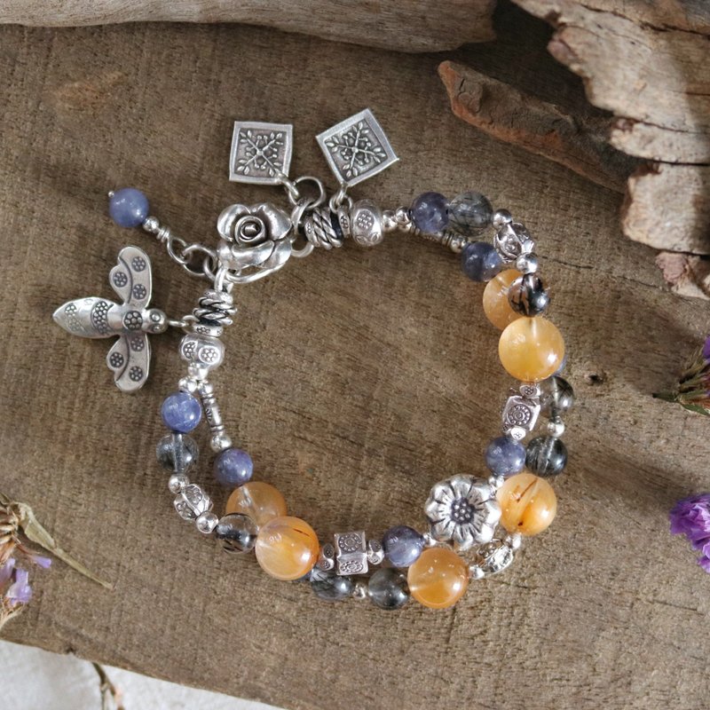 Handmade Rabbit Hair Rutilated Quartz and Iolite Bracelet with Karen Silver - สร้อยข้อมือ - เงินแท้ สีเหลือง