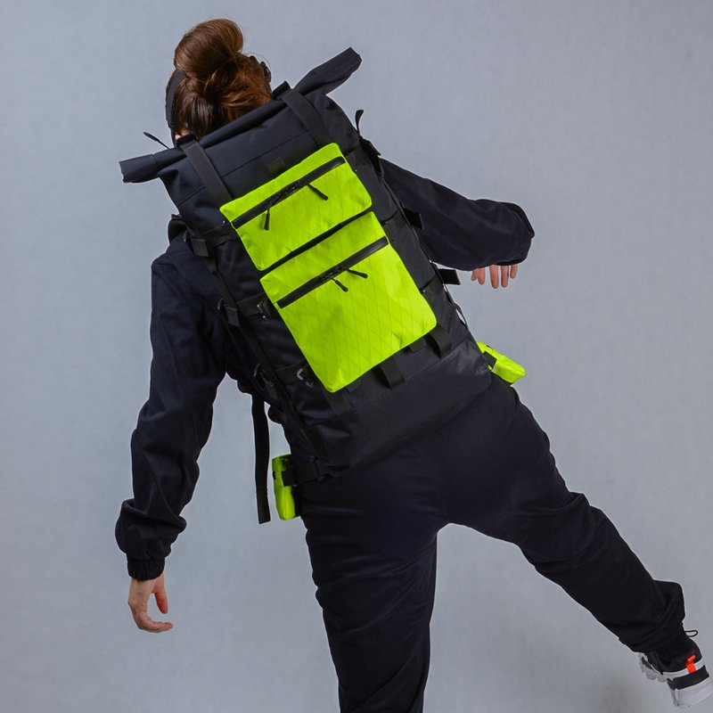 Black backpack wilth neon yellow modular pouches Roll top lime x-pac bag - 後背包/背包/書包 - 其他材質 黃色