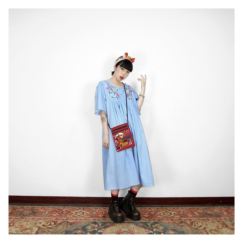 ‧PRANK：DOLLY ::ヴィンテージヴィンテージアクアブルー刺繍傘ドレス（D804014） - ワンピース - コットン・麻 ブルー