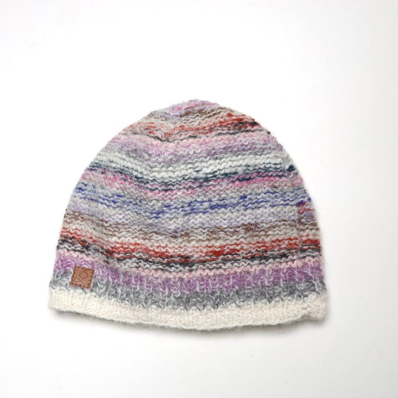 Light gray and purple striped mohair mixed pure wool thread hand-woven fully lined windproof melon fur hat | Exchange gift - Hats & Caps - Wool Gray