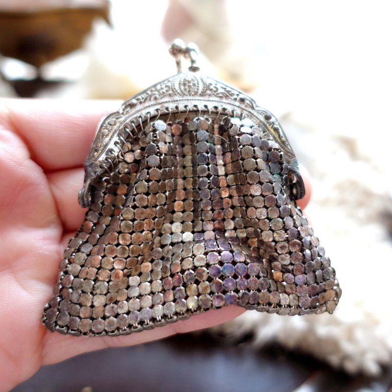 日本中古純銀金屬網布零錢包珠寶袋小物袋 高級水晶古著珠寶首飾 - 零錢包/小錢包 - 其他金屬 銀色