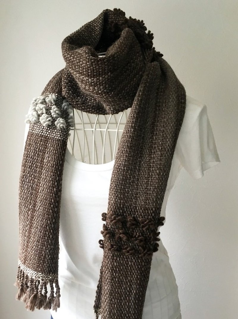 【ウール：秋冬】男女兼用：手織りマフラー "Brown 15" - スカーフ - ウール ブラウン