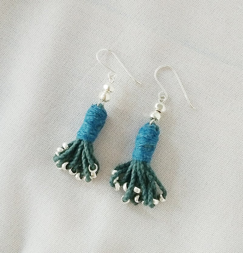 Afghan style tassel earrings / indigo gray / karen silver / indigo dye cotton - Earrings & Clip-ons - Cotton & Hemp Blue