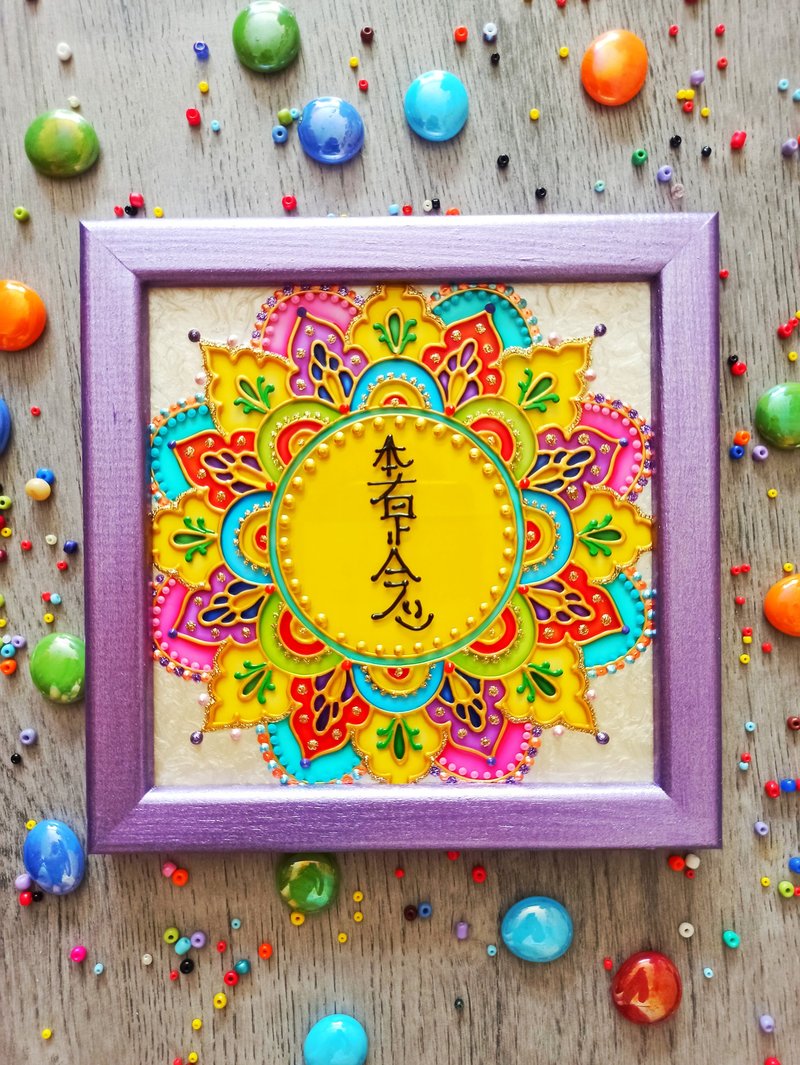 Reiki symbol art Hon Sha Ze Sho Nen mandala glass painting Usui Reiki decor - ตกแต่งผนัง - แก้ว สีม่วง