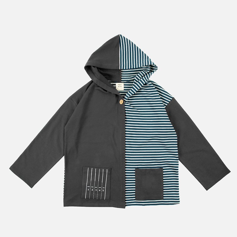 Life's runway asymmetric striped stitching hooded jacket - เสื้อแจ็คเก็ต - ผ้าฝ้าย/ผ้าลินิน สีเทา