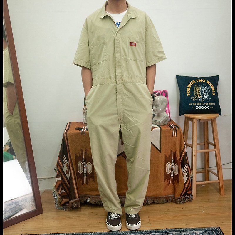 DICKIES Khaki short-sleeved overalls COVERALLS vintage second-hand - กางเกงขายาว - ผ้าฝ้าย/ผ้าลินิน สีกากี