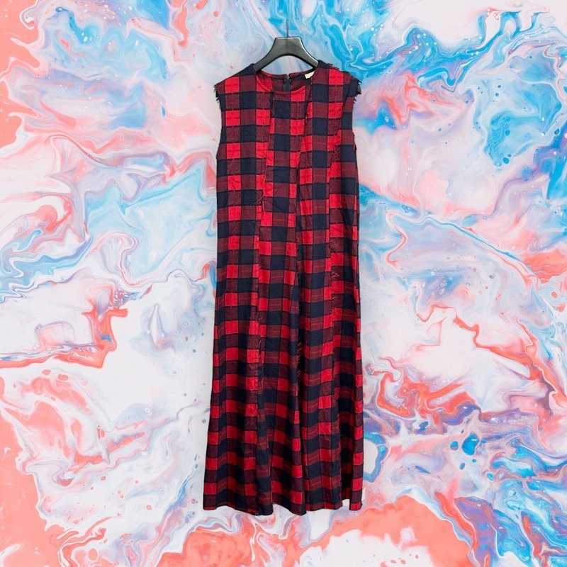 Second-hand BRUNCH red and dark blue plaid patchwork loose hem sleeveless dress G223 - ชุดเดรส - เส้นใยสังเคราะห์ สีแดง