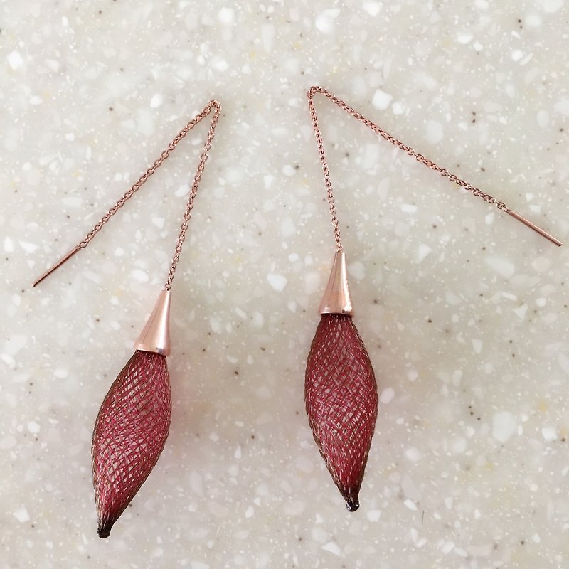 French handmade nylon flower 苞 earrings _ wine red - Earrings & Clip-ons - Polyester Red