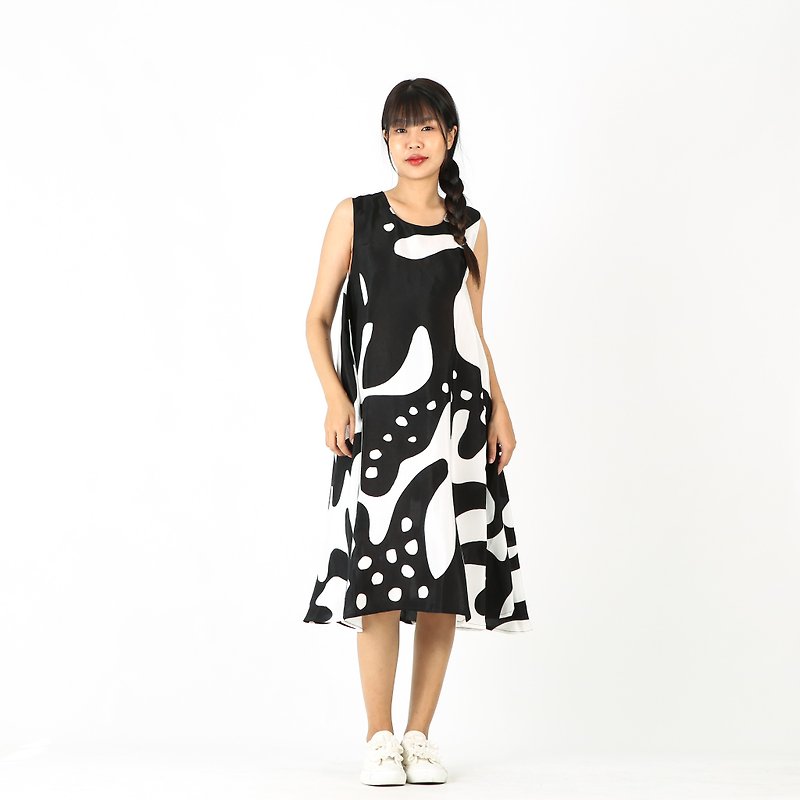Sac Sleeveless Dress Soft Cotton Silk Hand Paint for Holidays Summer - One Piece Dresses - Cotton & Hemp Black