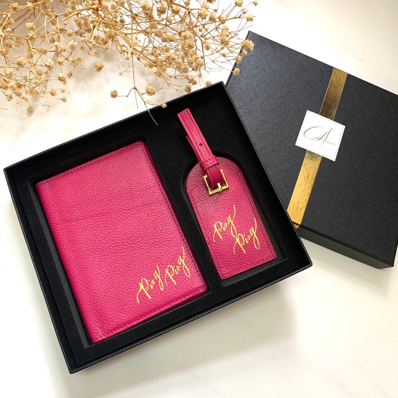 [Customized] Peach leather passport cover + luggage tag combination gift hot stamping name customization - ที่เก็บพาสปอร์ต - หนังแท้ สีเขียว