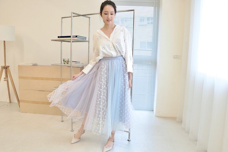 Shuiyu white dot stitching long gauze skirt lilac lavender baby light blue - Skirts - Other Man-Made Fibers Blue