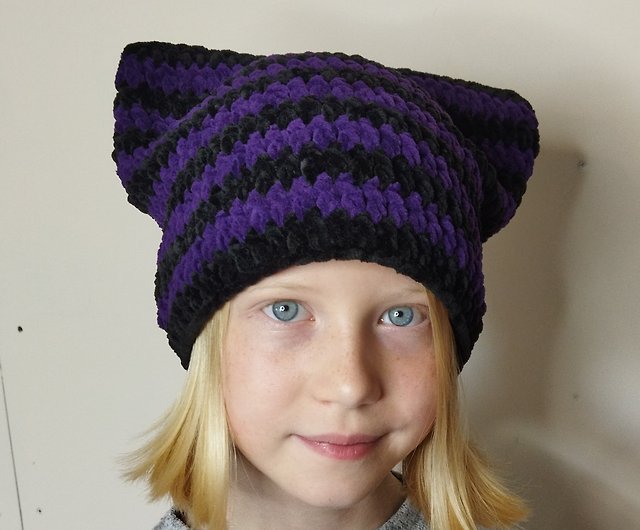 Striped beanie with ears. Cat ears beanie crochet. Fluffy beanie
