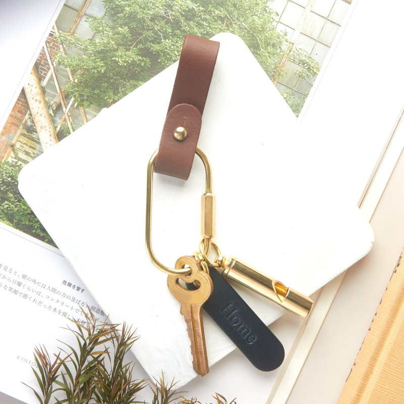 Screw Lock Brass Carabiner Keychain With Personalized Leather Name Tag - Keychains - Genuine Leather Brown