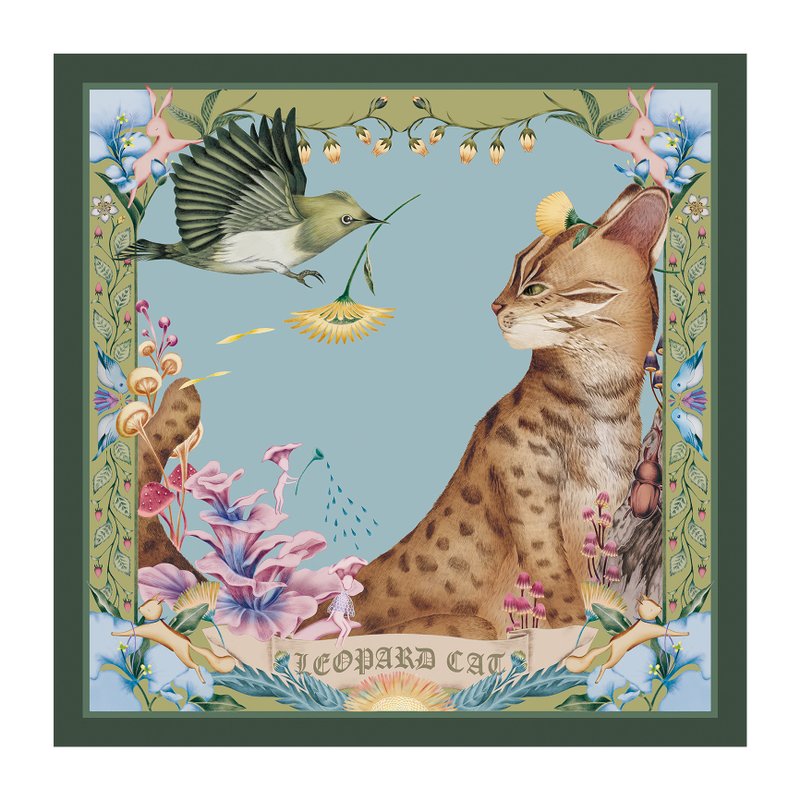 手繪絲巾 / 綠繡眼與石虎 / 森林綠 / 65x65cm - 絲巾 - 聚酯纖維 綠色