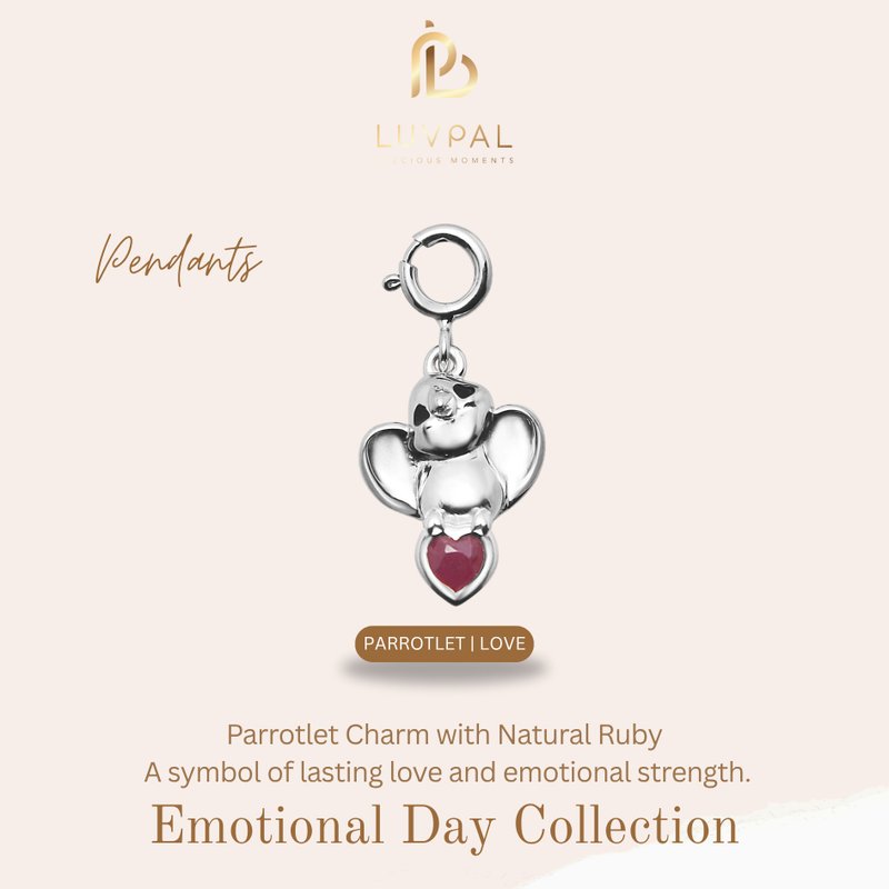 Luvpal | Parrotlet Pendant in 925 Sterling Silver with Natural Ruby Heart - 手鍊/手環 - 純銀 