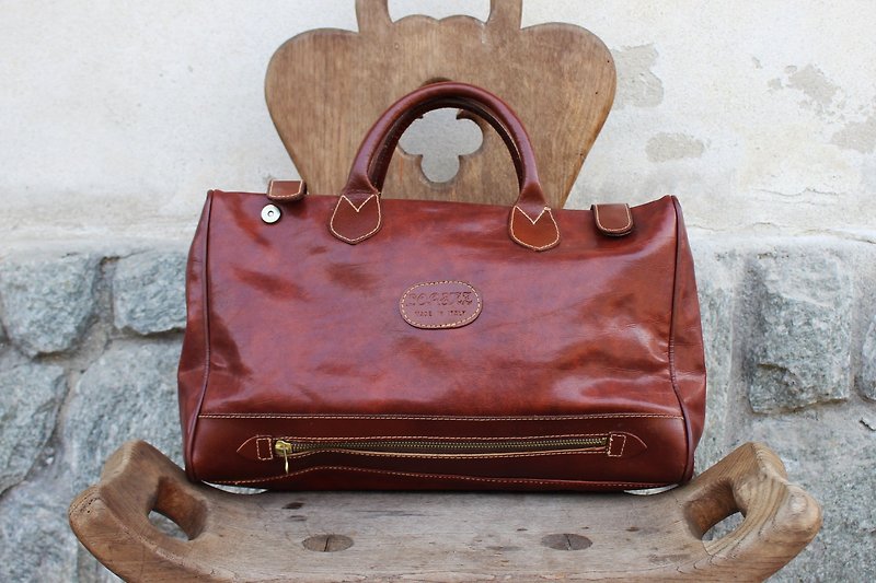 B165 [Vintage bag] (Italian leather standard) LORENZ brown handbag antique bag (Made in Italy) - กระเป๋าถือ - หนังแท้ สีนำ้ตาล
