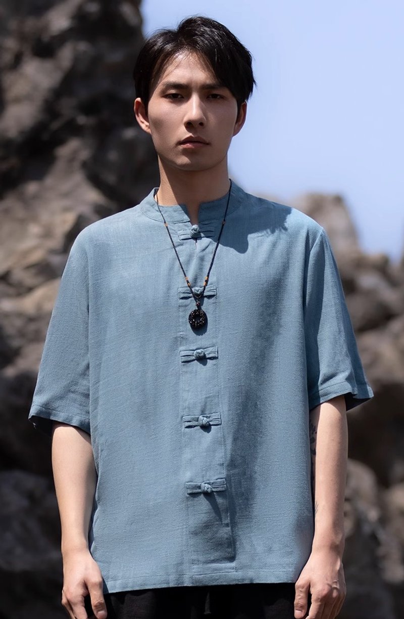 新中式復古 盤扣極簡短袖襯衫 - 男襯衫/休閒襯衫 - 其他材質 藍色