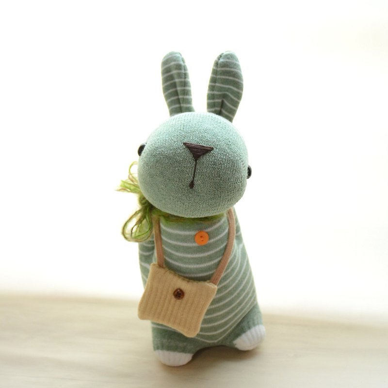 Fully hand-stitched natural style sock doll ~ Matcha Latte Dome Rabbit + small backpack - ตุ๊กตา - ผ้าฝ้าย/ผ้าลินิน สีเขียว