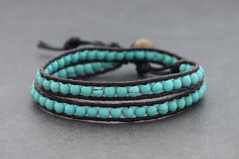 Turquoise Double Wrap Leather Bracelets Woven Beaded - Bracelets - Genuine Leather Green