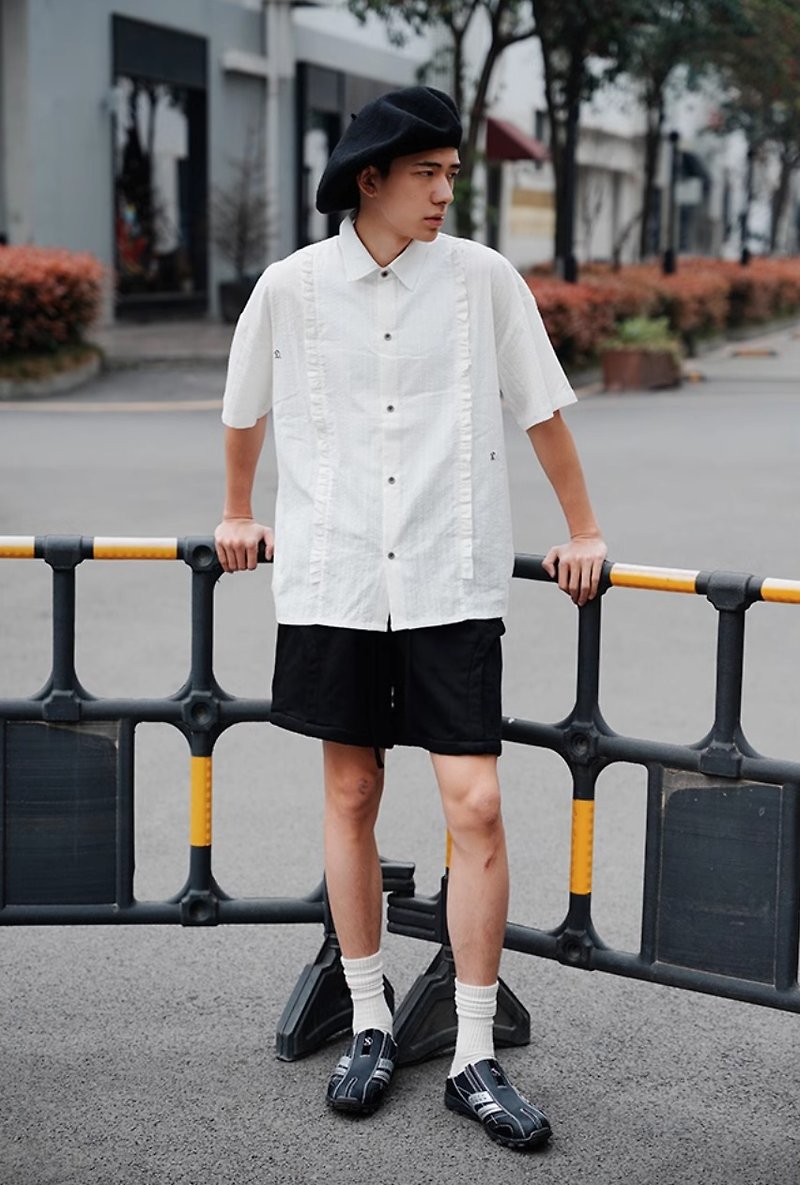 French retro ruffle embroidered short-sleeved shirt - Men's Shirts - Other Materials White
