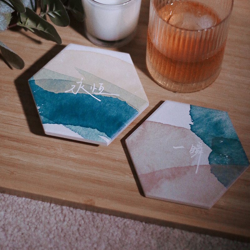 【Handwritten ceramic coaster】A moment is eternal - Coasters - Pottery Blue