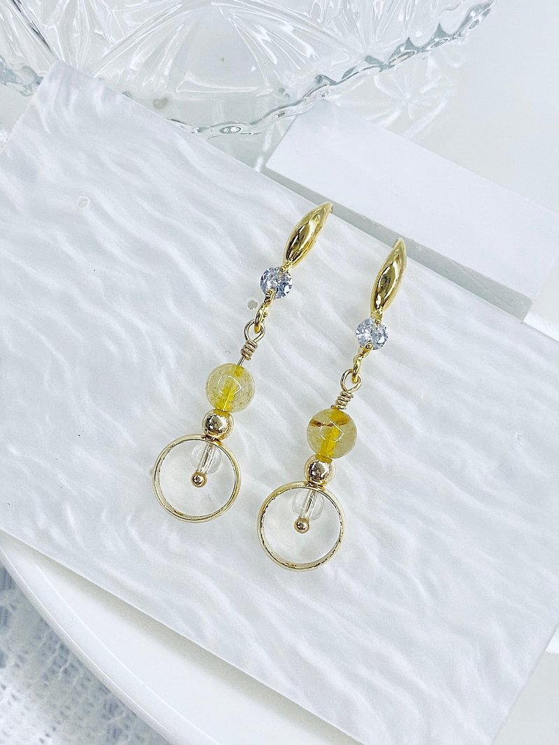 金髮晶 白水晶 14KGF 設計耳環 - 耳環/耳夾 - 水晶 黃色